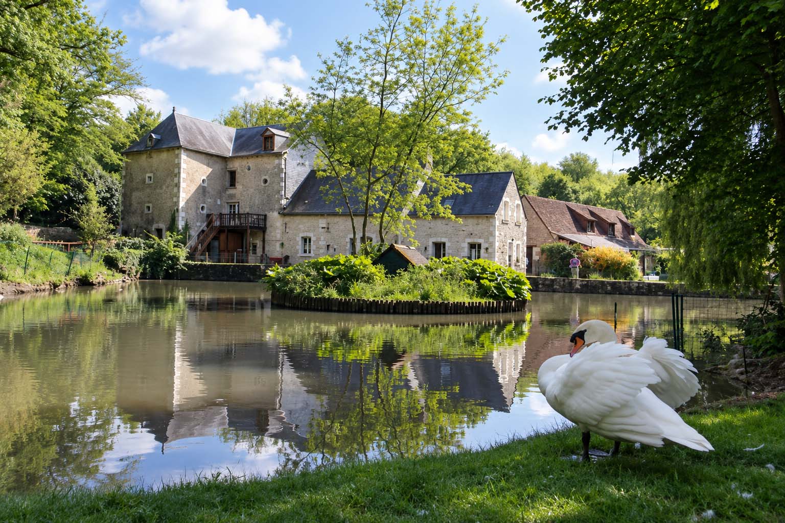 Bâtiments du Moulin de la Planche au bord de l’eau avec un cygne au premier plan