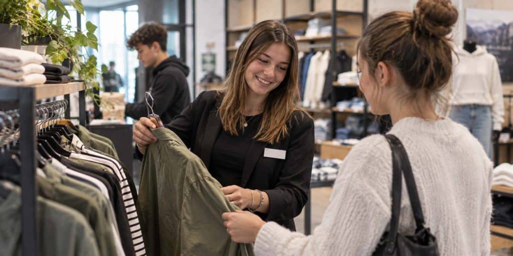 Apprentie en Bac Pro Métiers du Commerce et de la Vente conseillant une cliente en magasin
