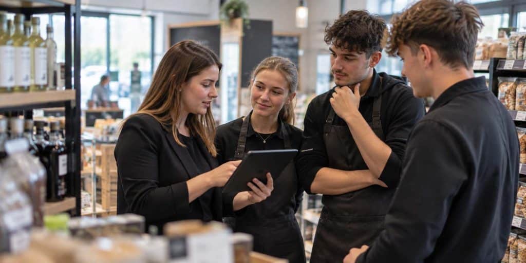 Étudiants en BTS MCO échangeant autour d’une tablette dans un espace commercial