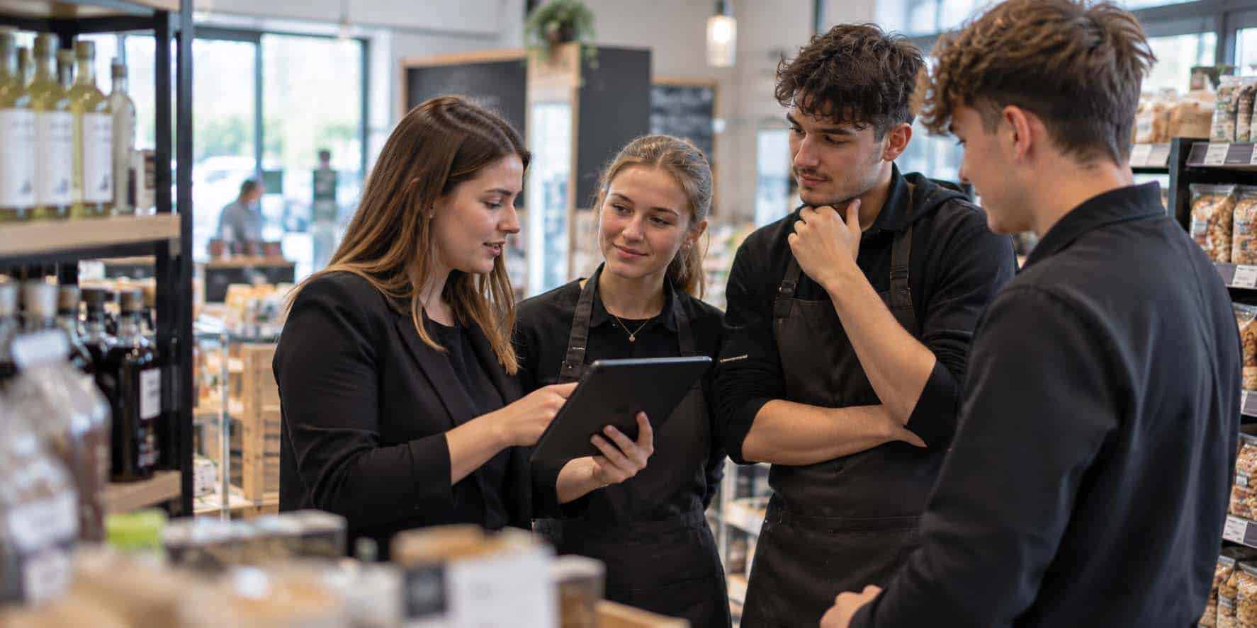 Étudiants en BTS MCO échangeant autour d’une tablette dans un espace commercial