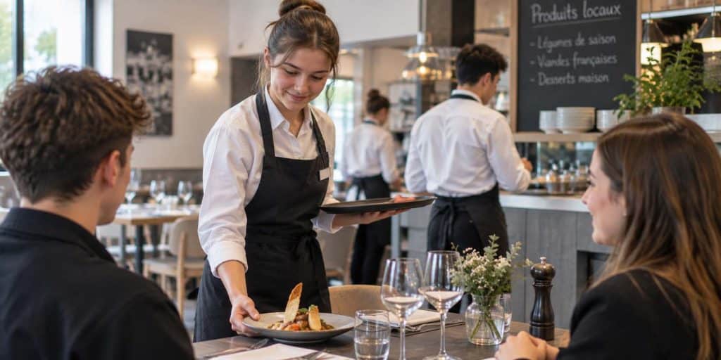 Apprentie en CAP Commercialisation et Services en HCR servant une assiette au restaurant
