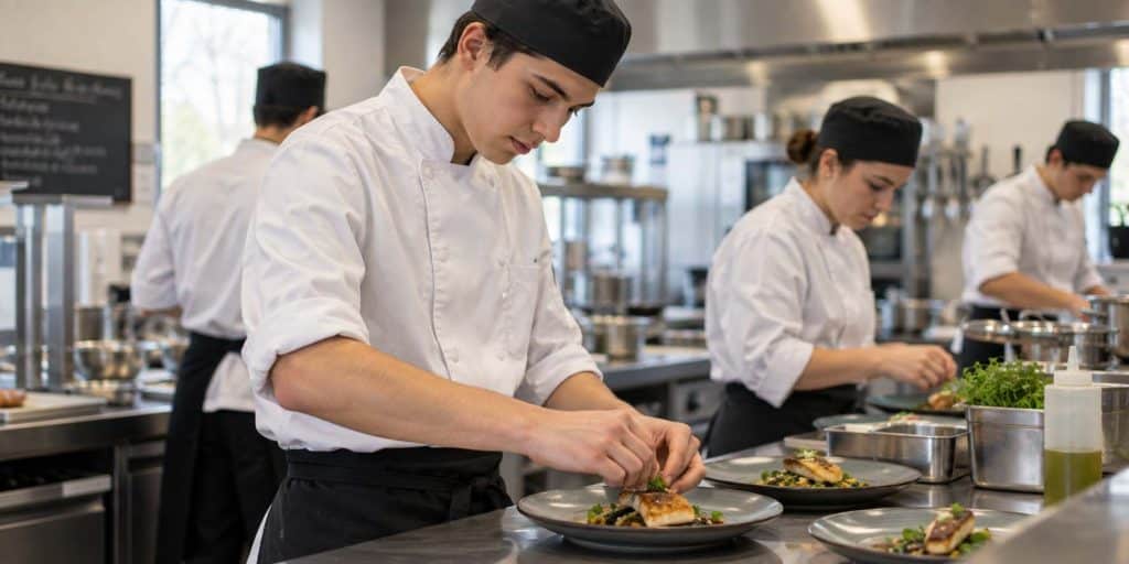Apprenti en CAP Cuisine dressant une assiette dans une cuisine professionnelle