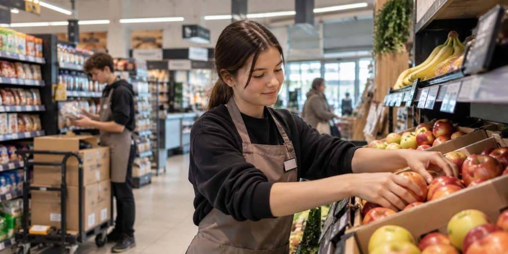 Apprentie en CAP Équipier Polyvalent du Commerce mettant en rayon des fruits