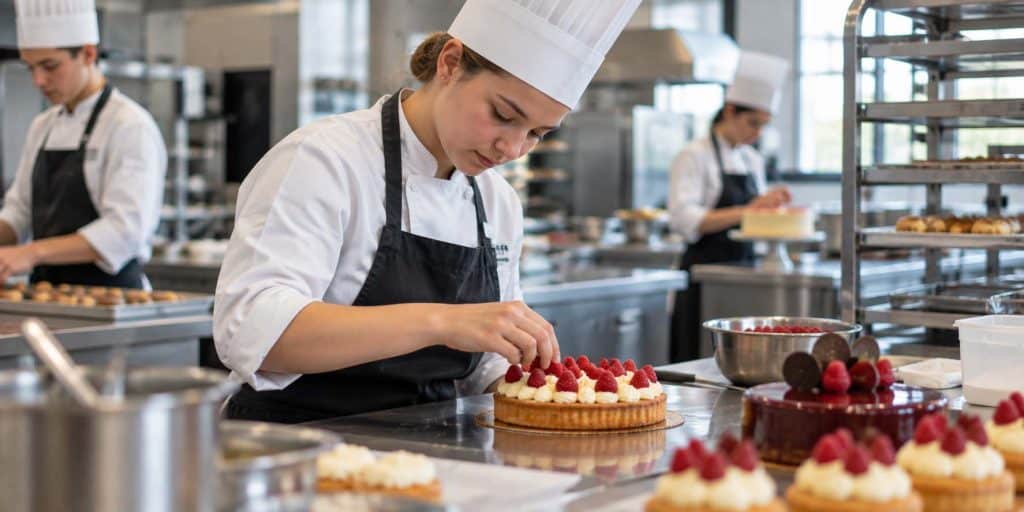 Apprentie en CAP Pâtissier décorant un gâteau dans un laboratoire de pâtisserie