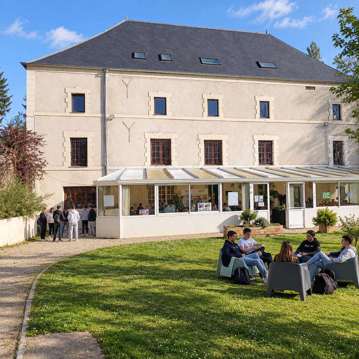 Jeunes assis dans le parc devant le bâtiment principal de la MFR du Moulin de la Planche